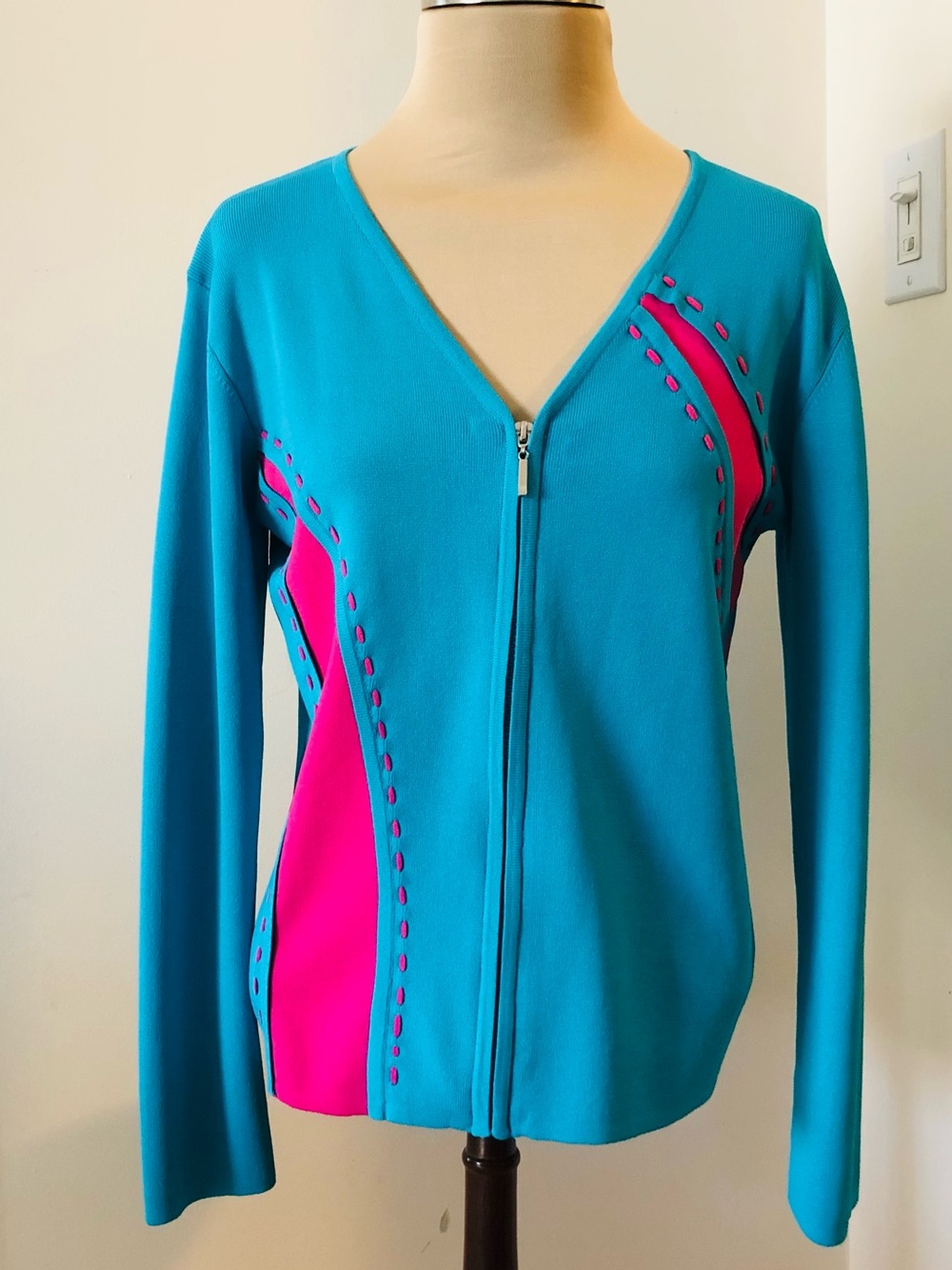 VTG 90’s Y2K Ziani Couture Colorblock Zip Sweater cardigan Bright Blue/Pink